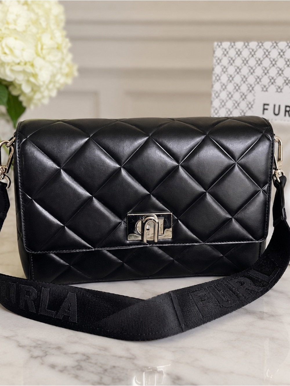 Furla 1927 Black Quilted Leather Crossbody Bag NWOT